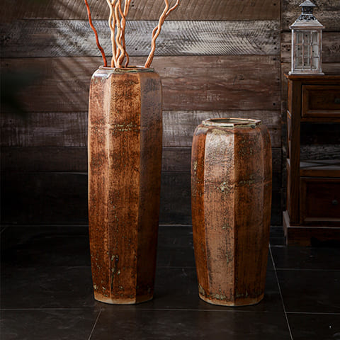 Grand Vase Octogonal Artisanal Effet Bois
