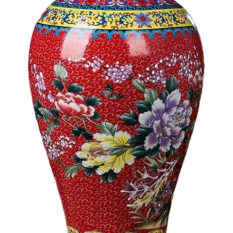 Grand Vase Chinois Ancien Rouge Motif Nature