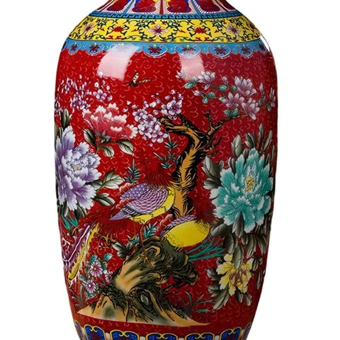 Grand Vase Chinois Ancien Rouge Motif Nature