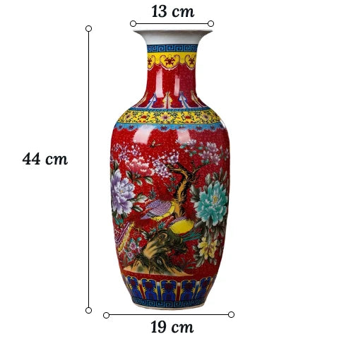 Grand Vase Chinois Ancien Rouge Motif Nature