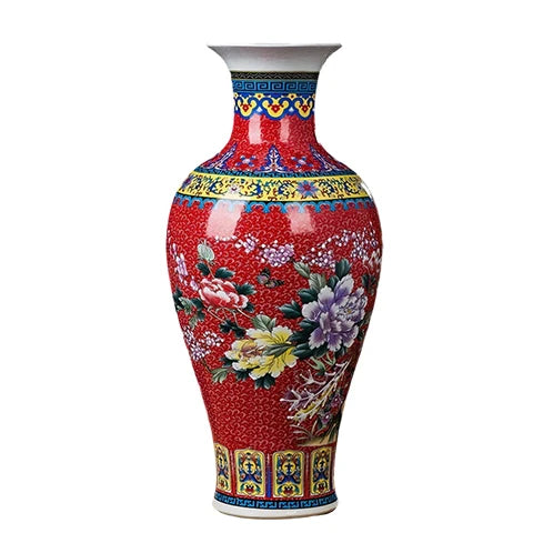 Grand Vase Chinois Ancien Rouge Motif Nature