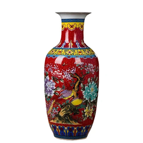 Grand Vase Chinois Ancien Rouge Motif Nature