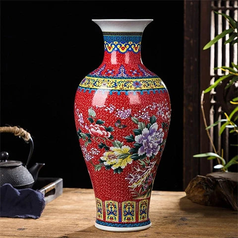 Grand Vase Chinois Ancien Rouge Motif Nature