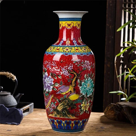 Grand Vase Chinois Ancien Rouge Motif Nature