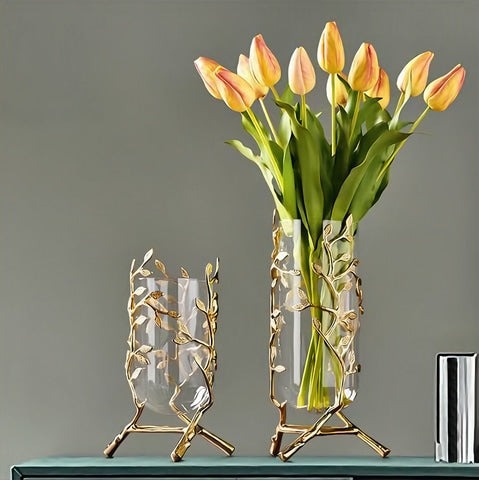 Grand Vase Transparent Support Doré Motifs Feuilles