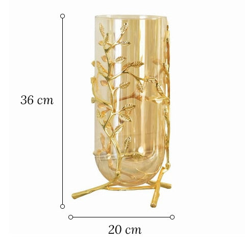 Grand Vase Transparent Support Doré Motifs Feuilles