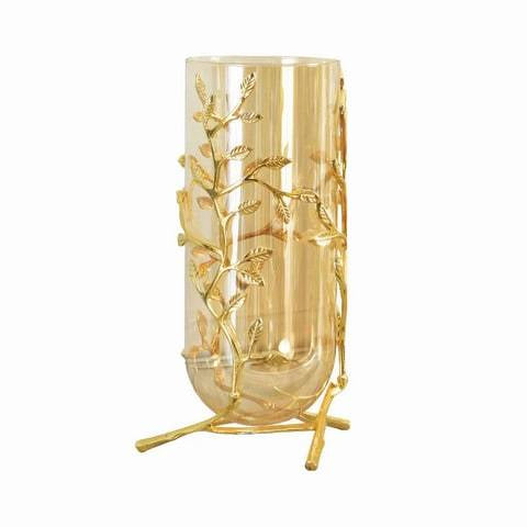 Grand Vase Transparent Support Doré Motifs Feuilles