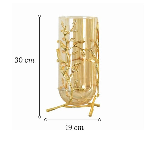 Grand Vase Transparent Support Doré Motifs Feuilles