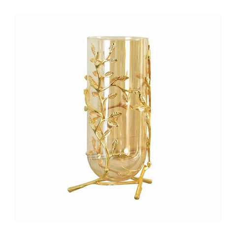 Grand Vase Transparent Support Doré Motifs Feuilles