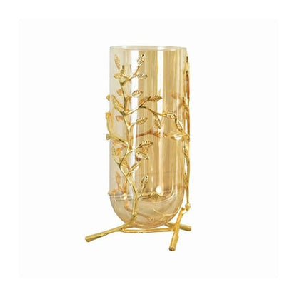 Grand Vase Transparent Support Doré Motifs Feuilles