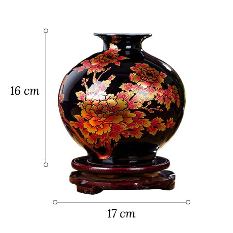 Petit Vase Chinois Ancien Noir Motifs Fleurs