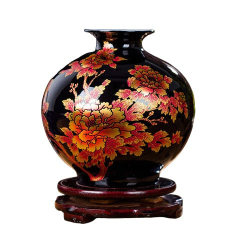 Petit Vase Chinois Ancien Noir Motifs Fleurs