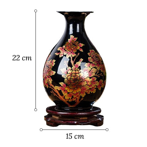 Petit Vase Chinois Ancien Noir Motifs Fleurs