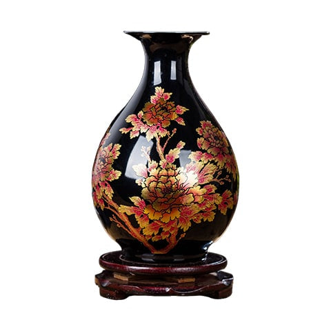 Petit Vase Chinois Ancien Noir Motifs Fleurs