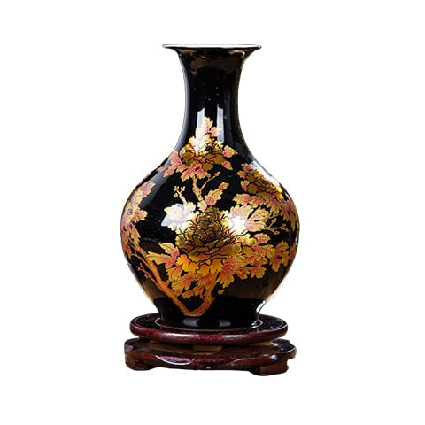 Petit Vase Chinois Ancien Noir Motifs Fleurs