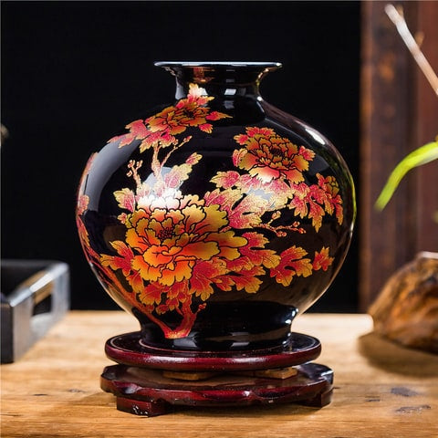 Petit Vase Chinois Ancien Noir Motifs Fleurs