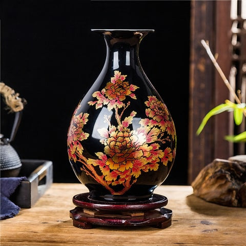 Petit Vase Chinois Ancien Noir Motifs Fleurs