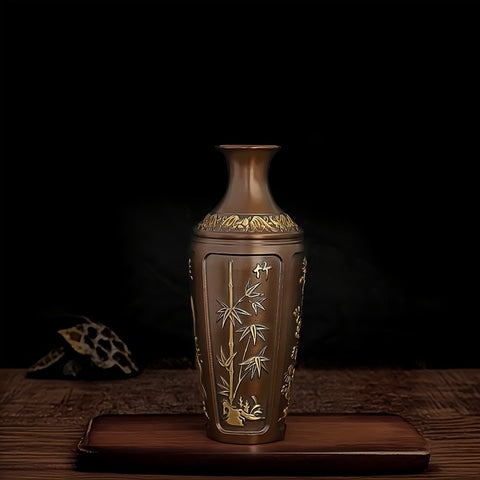Vase Ancien Chinois Marron Motif Bambou Doré