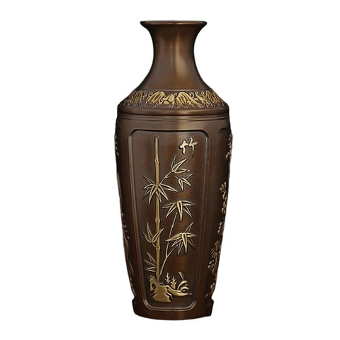 Vase Ancien Chinois Marron Motif Bambou Doré