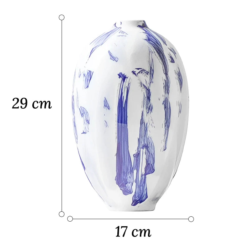 Vase Artistique Blanc aux Motifs Bleus Peint à la Main