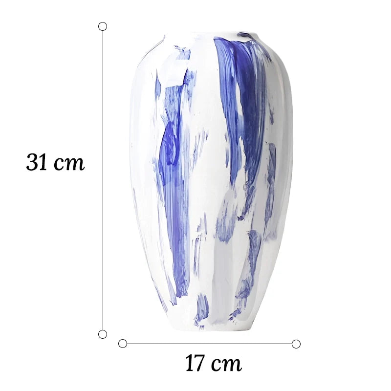 Vase Artistique Blanc aux Motifs Bleus Peint à la Main