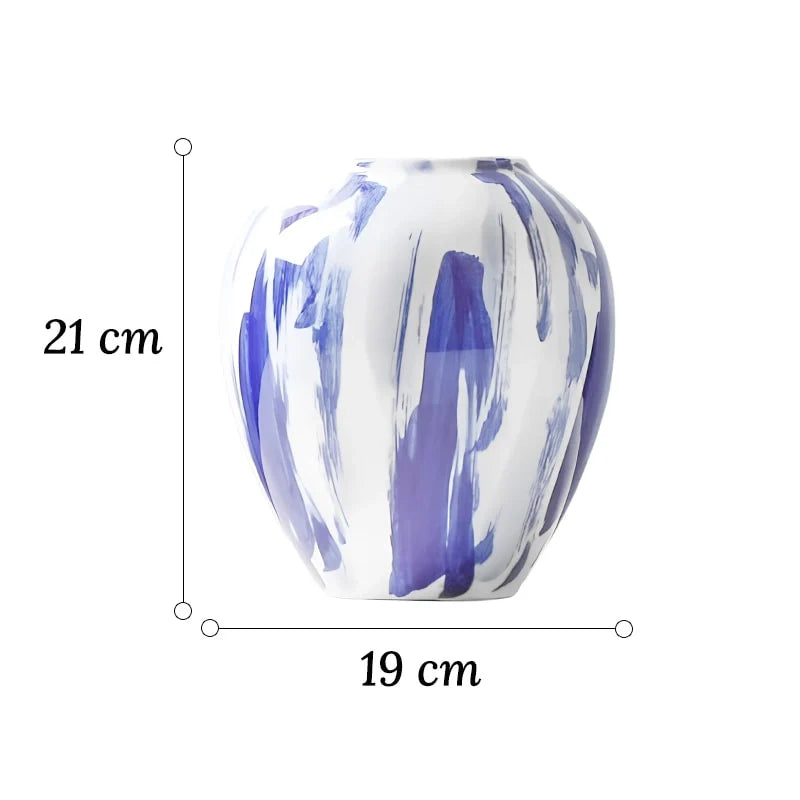 Vase Artistique Blanc aux Motifs Bleus Peint à la Main