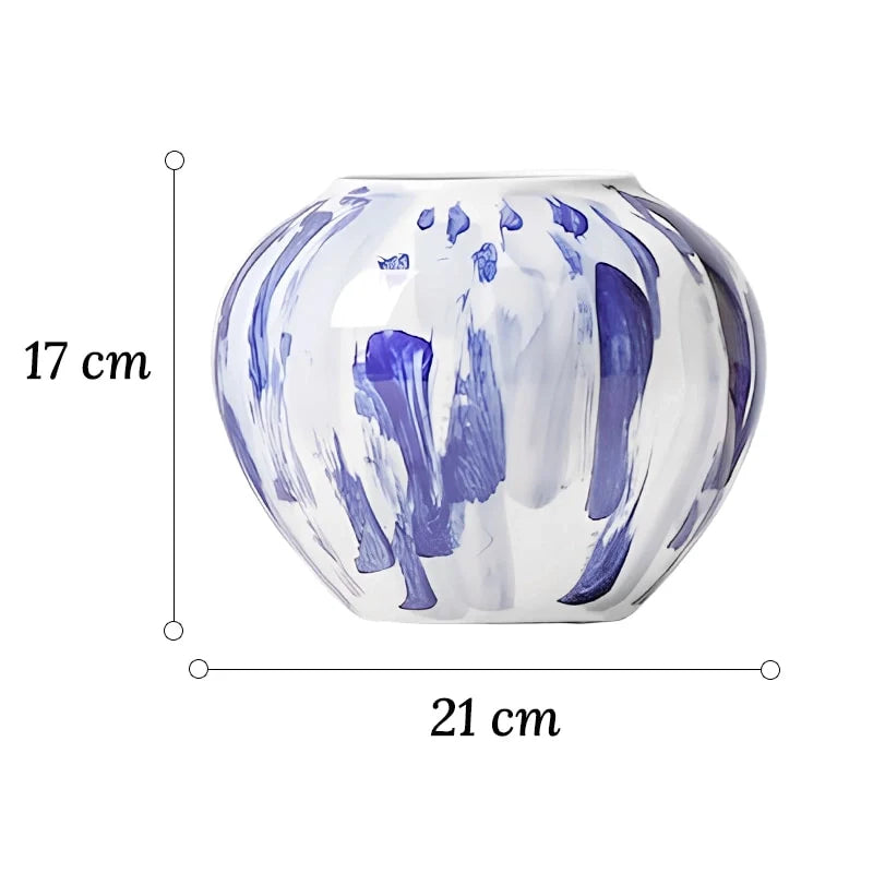 Vase Artistique Blanc aux Motifs Bleus Peint à la Main