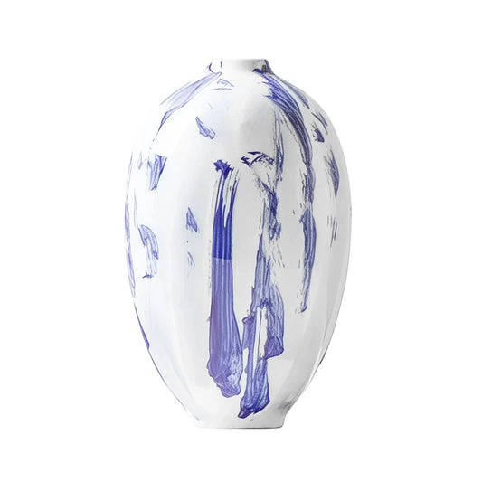 Vase Artistique Blanc aux Motifs Bleus Peint à la Main