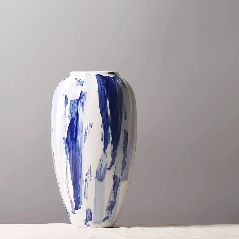 Vase Artistique Blanc aux Motifs Bleus Peint à la Main
