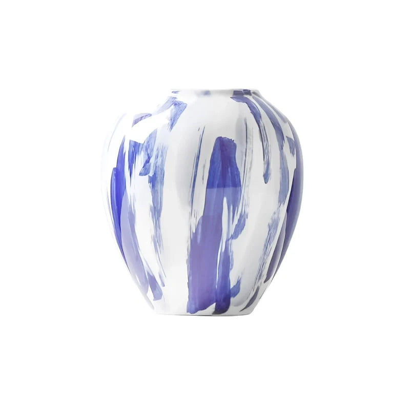 Vase Artistique Blanc aux Motifs Bleus Peint à la Main