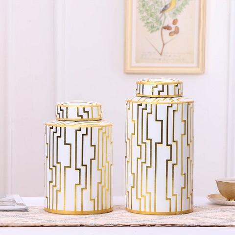 Vase Blanc et Doré Lignes Géométriques