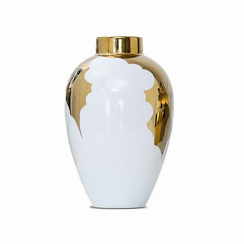 Vase Blanc et Or Motif Feuilles de Houx