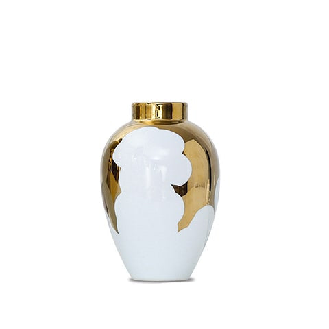 Vase Blanc et Or Motif Feuilles de Houx