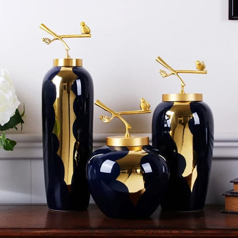 Vase Bleu et Or Moderne Luxueux