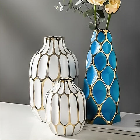 Vase Bleu ou Platine Chic Alvéoles Dorées
