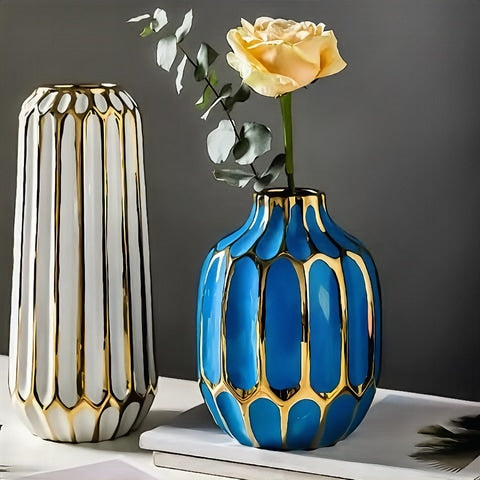 Vase Bleu ou Platine Chic Alvéoles Dorées