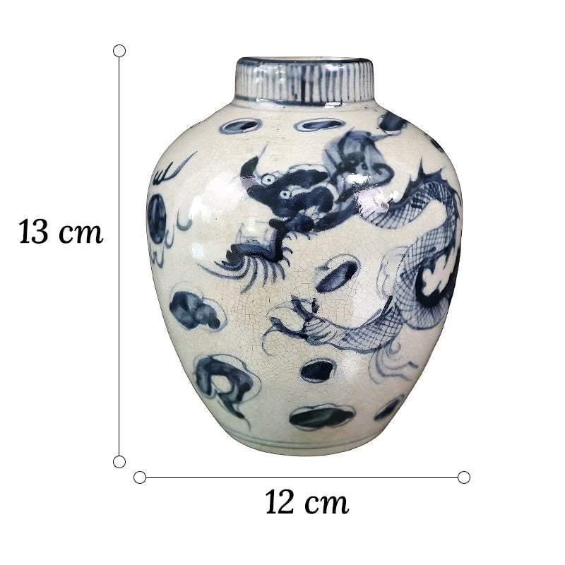 Vase Chinois Antique Bleu et Blanc Motif Dragon