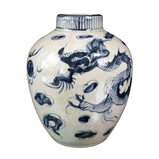 Vase Chinois Antique Bleu et Blanc Motif Dragon