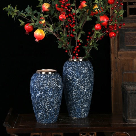 Vase Bleu Chinois Motif Fleurs Col Argenté