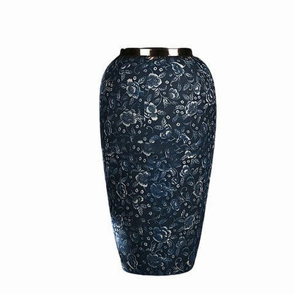 Vase Bleu Chinois Motif Fleurs Col Argenté