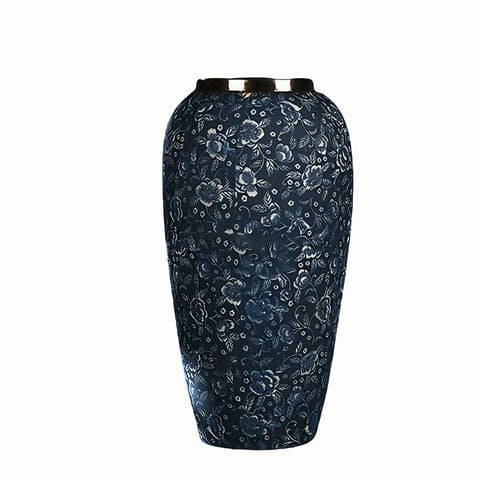 Vase Bleu Chinois Motif Fleurs Col Argenté