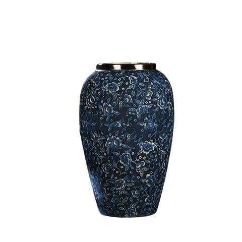 Vase Bleu Chinois Motif Fleurs Col Argenté