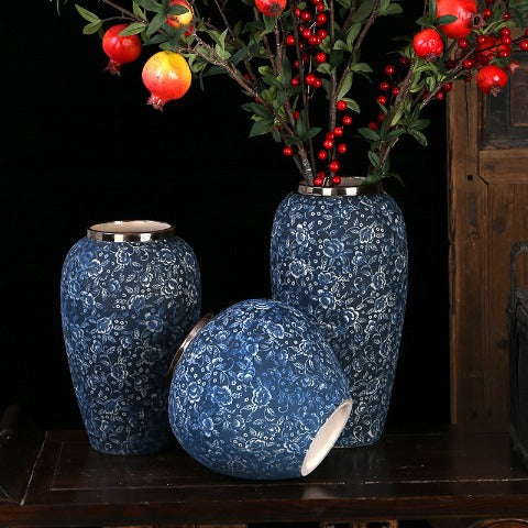 Vase Bleu Chinois Motif Fleurs Col Argenté