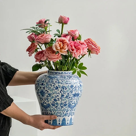 Vase Chinois Bleu et Blanc Motif Fleurs