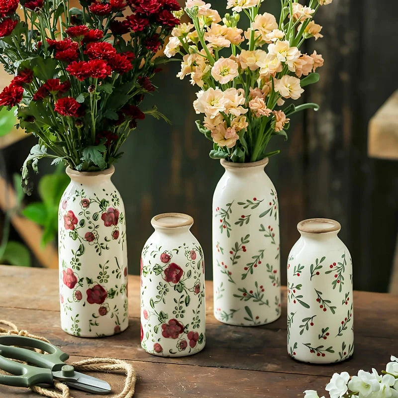 Vase Cylindrique Rétro Motif Floral Rouge