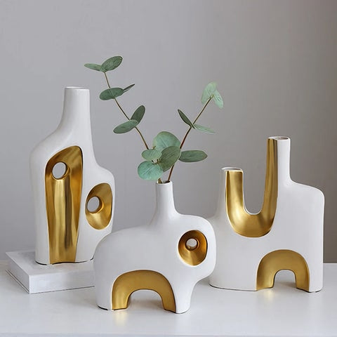 Vase de Luxe Art Abstrait Blanc et Doré