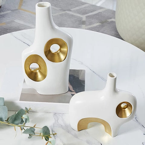 Vase de Luxe Art Abstrait Blanc et Doré