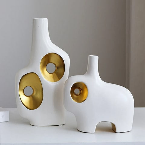 Vase de Luxe Art Abstrait Blanc et Doré