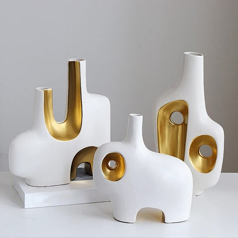 Vase de Luxe Art Abstrait Blanc et Doré