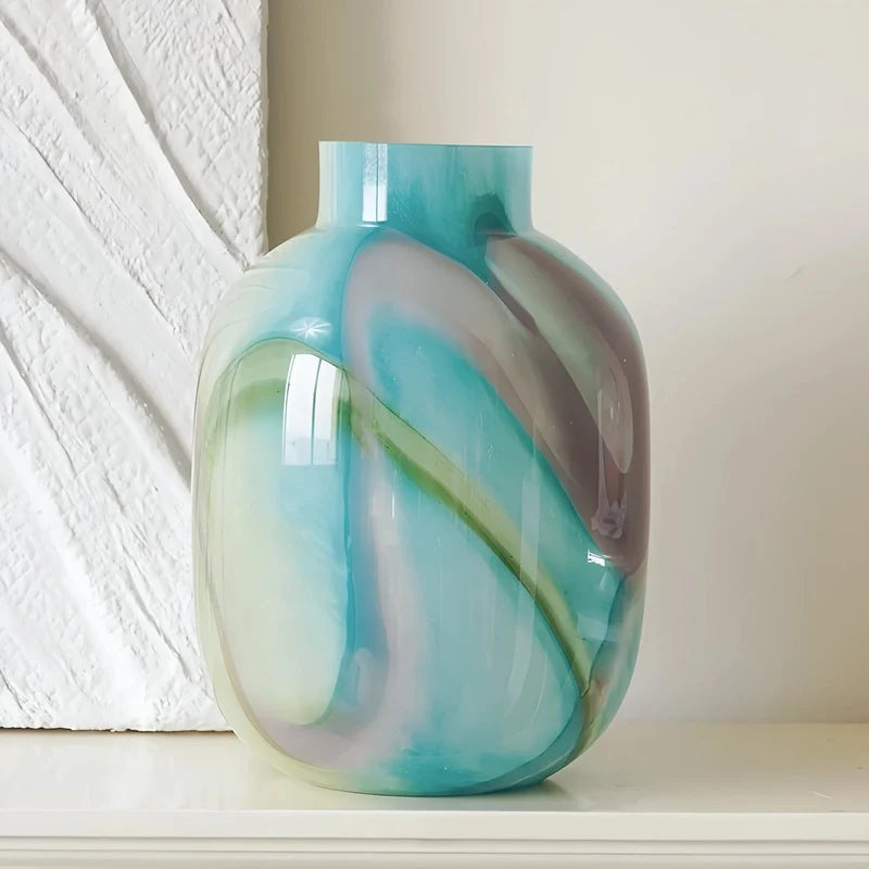 Vase Décoratif Effet Marbré Vert et Bleu